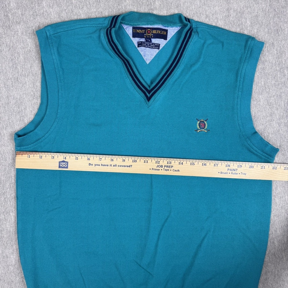 Vintage Tommy Hilfiger Golf Sweater Vest Men L Teal Crest V Neck 100% Cotton - Picture 8 of 9